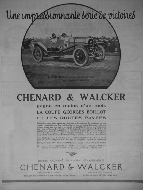 1924 Chenard & Walker Georges Cut Press Advertisement Bottle Paved Roads