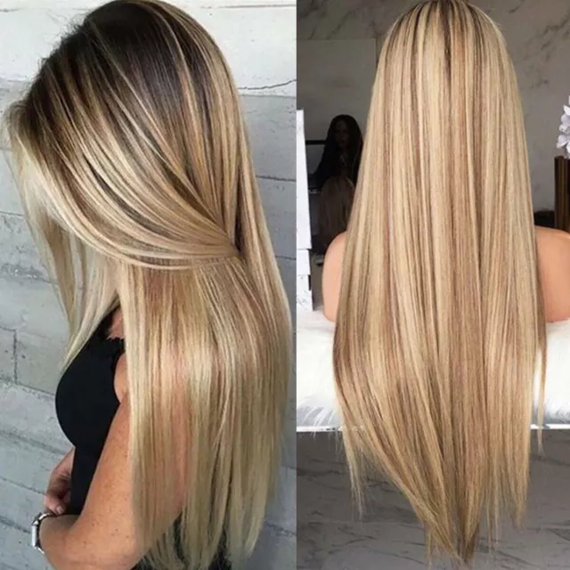Womens Real Long Straight Hair Wigs Ladies Natural Ombre Blonde Cosplay Full Wig