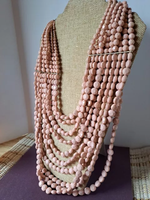 Bib Necklace Faceted  Pink Teardrop Beads Multistrand Heavy Statement Piece