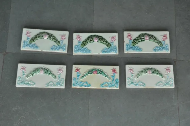 6 Pc Vintage Garland Design Majolica Art Nouveau Architecture Tiles,Japan 2