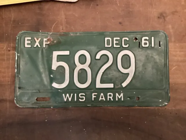 Vintage Wisconsin license plate 1961 Wisconsin Farm Green Color