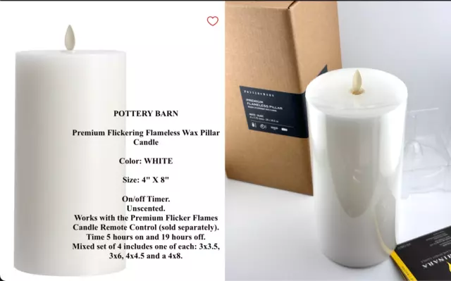 POTTERY BARN Premium Flickering Flameless Wax Pillar Candle 4" X 8", WHITE, CD93