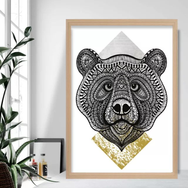 Geometric BEAR Head Art Print Yellow Grey Aztec Gallery Wall Poster Decor Gift