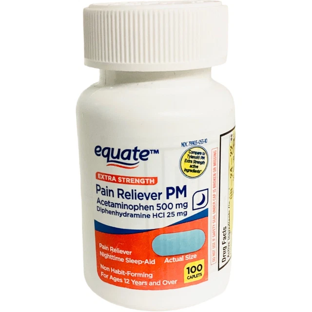 EQUATE EXTRA STRENGTH Pain Reliever PM Acetaminophen 100 Ct Caplets Exp