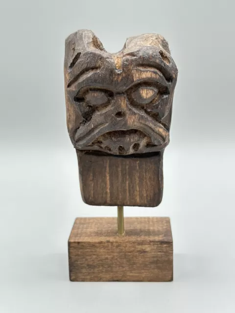 Vintage Hand Carved Wooden Miniature Of African Mask on Display Mini Wood