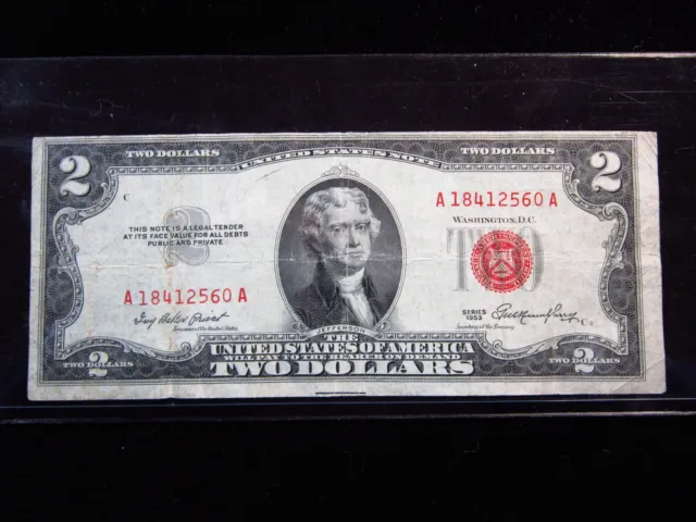 USA $2 1953 A18412560A # UNITED STATES Note Red Seal Circ Bill Dollar Money