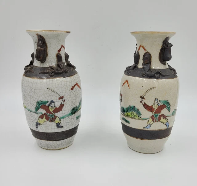 Pair of Early - Mid 20th Century Chinese Porcelain Nanking Warrior Crackle Vases