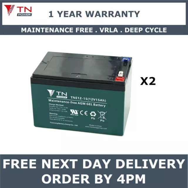 2x TN Power AGM 12V 15Ah Golf & Mobility Scooter Batteries, Replaces REC14-12