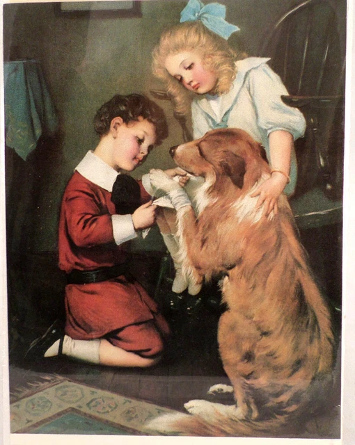 Victorian Lithograph Print Picture "Family Doctor" Children Kids With Dog 9" X 7
