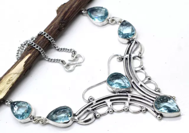 925 Sterling Silver Blue Apatite Gemstone Handmade Jewelry Necklace Size-17-18