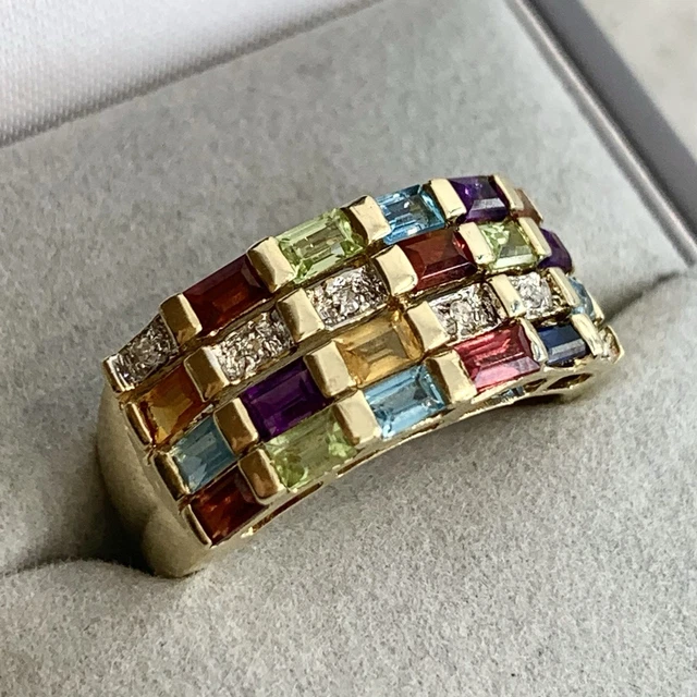 MULTI-GEMSTONE DIAMOND 9CT Gold Ring Mosaic Band 375 Yellow Gold - Size ...