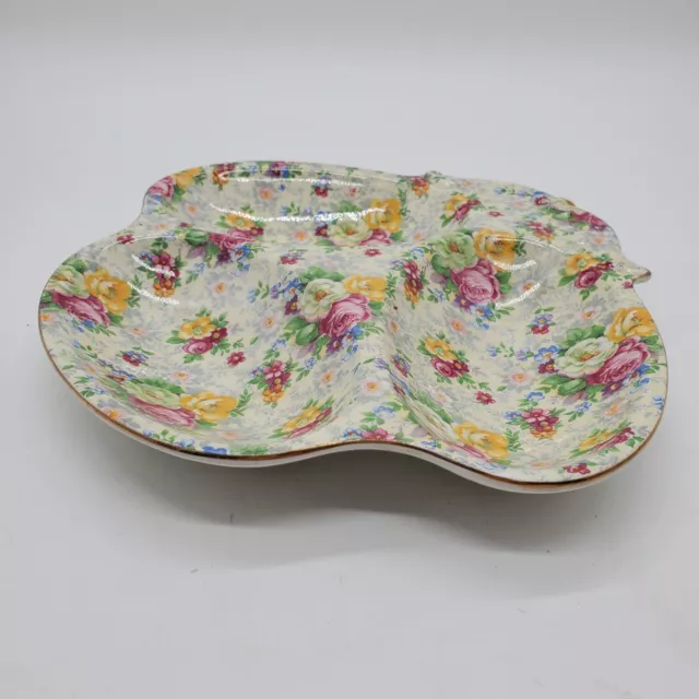 Lord Nelson Ware Antique Rose Time Chintz Floral 3 Part Tidbit Plate / Tray