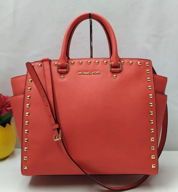 Michael Kors Selma Red Saffiano Leather Studded Top Handle Satchel Shoulder Bag