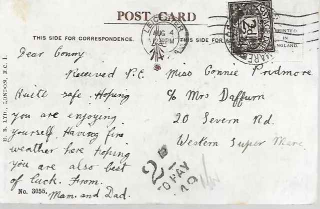 2d AGATE POSTAGE DUE ON 1920's  POSTCARD + 2d TO PAY CACHET   REF 3486