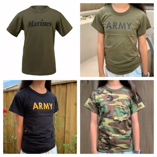 Boys Girls Kids Teens Army Military Training Scout Camp Outdoor Camo T-Shirt Tee