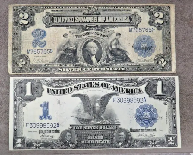 2- 1899 Large Currency $2 And $1 Silver Certificate Dollars