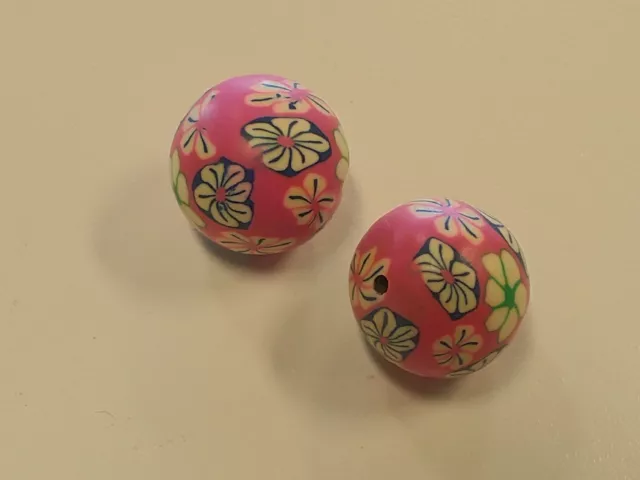 Handmade Polymer Clay Beads, Round, Pink with floral design, Jewelry Making 20mm