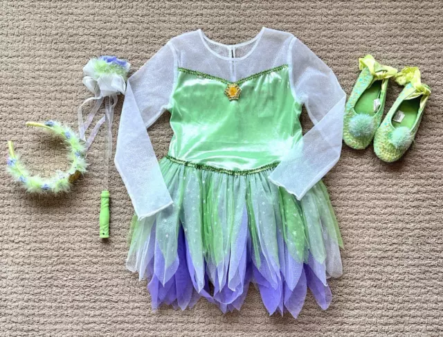 Disney Store Tinkerbell Princess Costume Dress S 6, Tiara, Wand & Slippers 11/12