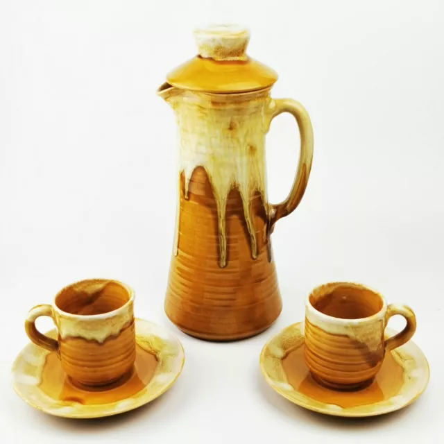 ~ Stunning ~ Youghal Irish Studio Pottery ~ Brown / Yellow Dripware Coffee Set ~