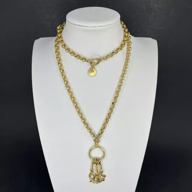 Vtg Anne Klein Gold Tone Pendant Necklace Rolo Chain Toggle Charms 28” Long AK