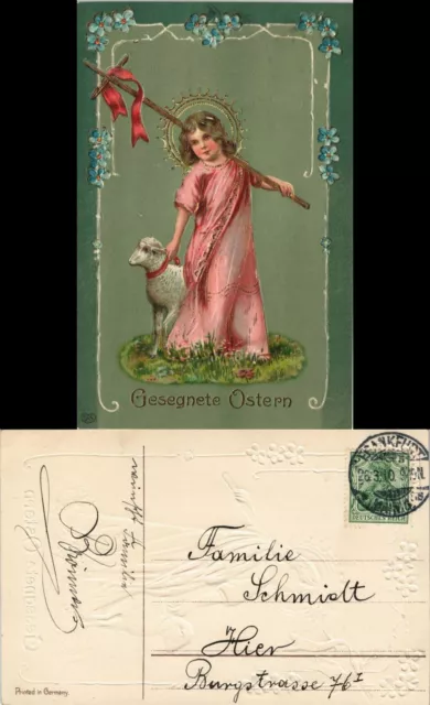 Mädchen mit Osterlamm, Feilchen - Ostern (Easter) 1910 Goldrand/Prägekarte