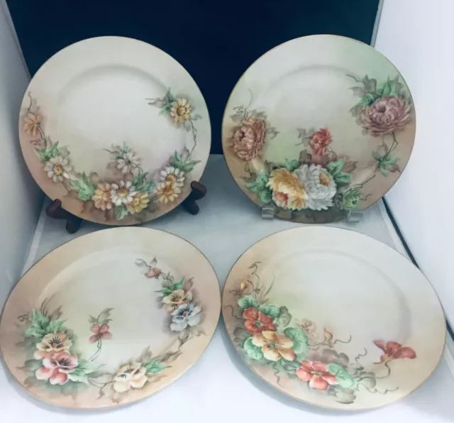 Floral Vintage Set of 4hand-painted porcelain 7 5/8" plates with artist signed