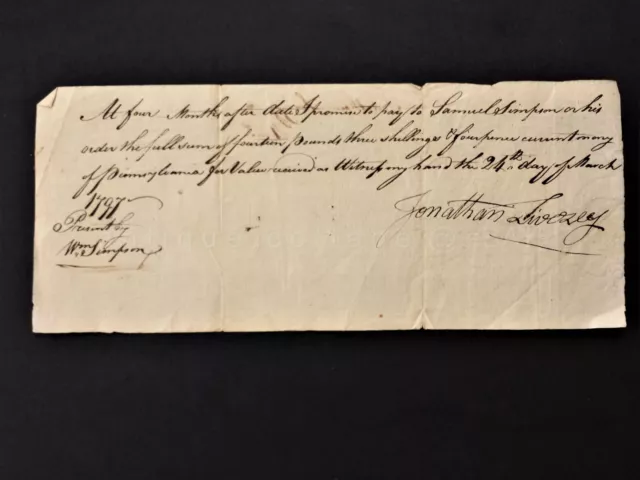 1797 antique JON LIVEREY HANDWRITTEN LEGAL DOCUMENT promise to pay SAM SIMPSON