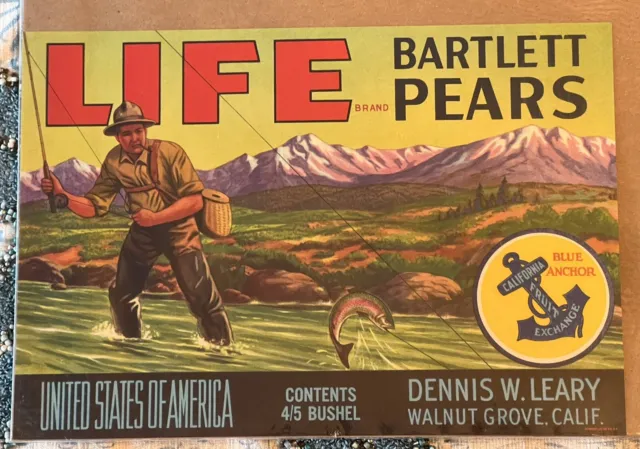 Life Brand Bartlett Pears Vintage Original Paper Fruit Crate Label Fishing