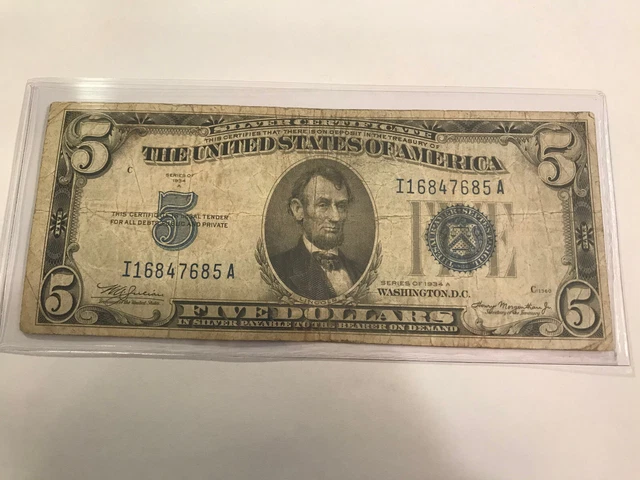 1934 A Five Dollar Silver Certificate $5 Bill Blue Seal