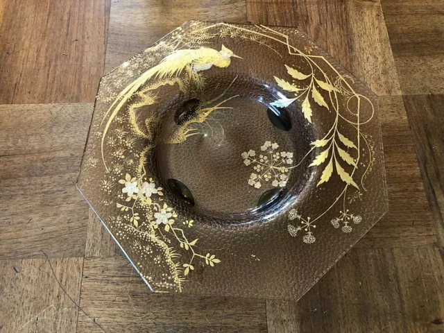 Superbe Coupe Octogonale En Verre Ambré Avec Joli Décor Émaillé Doré, Legras ?