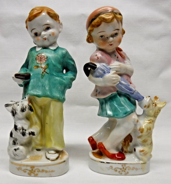 2 VTG OCCUPIED Japan Porcelain Girl & Boy w/ Scottish Terrier Dogs