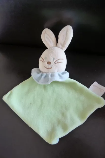 53/ Doudou Plat Lapin Vert Colerette Bleu Bengy - Ttbe !