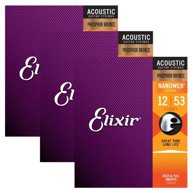 3 Sets New Elixir 10-47 Gauge Nanoweb Acoustic Guitar Strings Phosphor Bronze