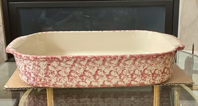 Henn Pottery Spongeware Large Red Lasagna Casserole 16" Long 4 Quart