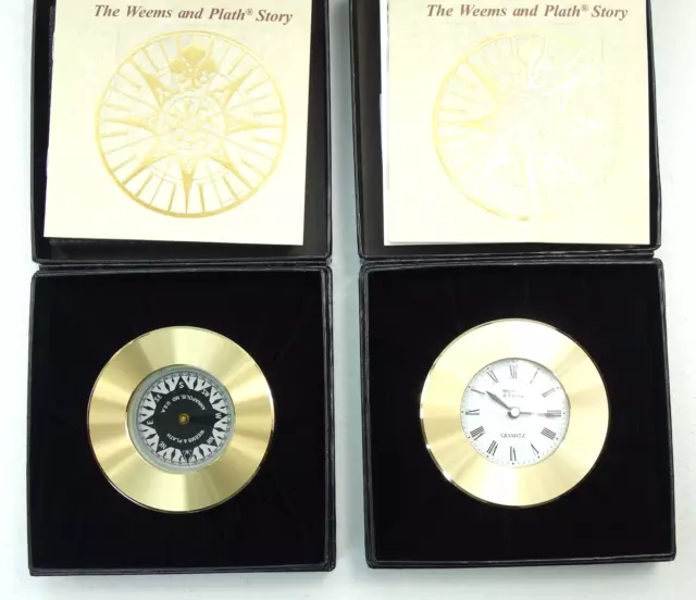 Lot of 2 Weems & Plath Brass Chart Weight Paperweight Quartz Clock & Compass New