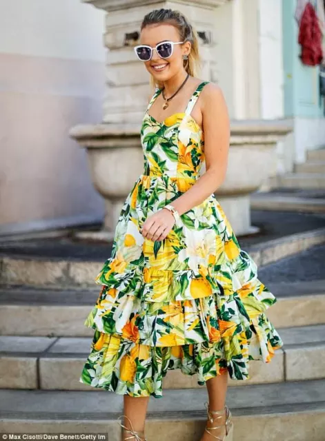 X H M POPELINE Robe Midi Floral Jaune Citron Ruch Tropical