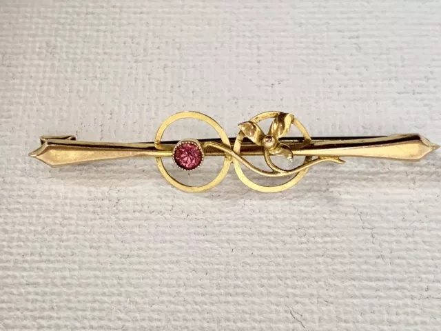 Antique Victorian 10ct Gold Bar Brooch 1.16gm Small Pink Stone & Floral Design