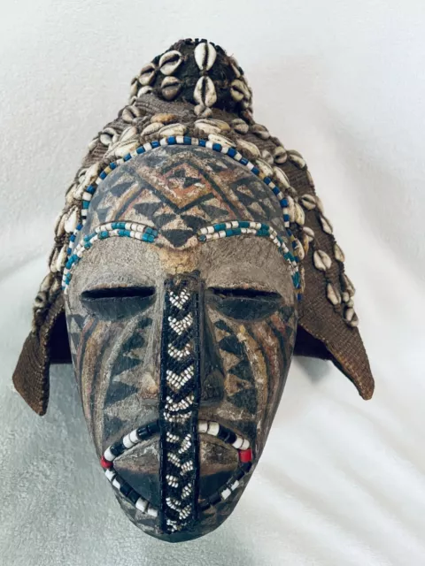 Kuba Mask Ngaady Helmet Royal Congo Tribal African Beads, Cowrie shells, Raffie
