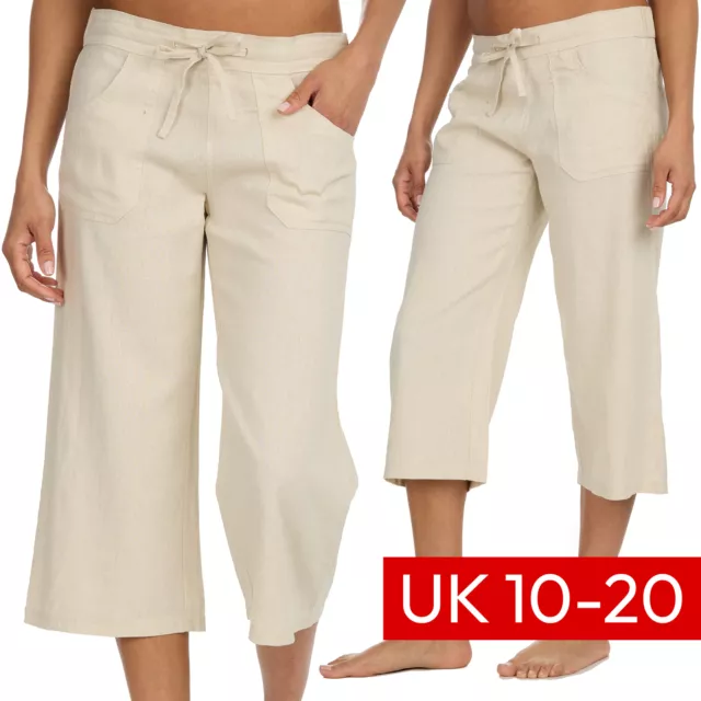 Ladies Linen 3/4 Trousers Summer Beige Capri Pants Crop Chino Bottoms UK 10-20