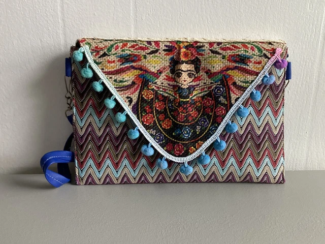 Frida Kahlo Print Purse Boho Shoulder Bag Artsy Multicolor Pom Pom Trim