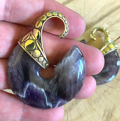 Pair Ear Weights 4G Brass & Purple Amethyst Stone Dangling Plugs Gauges Hoops