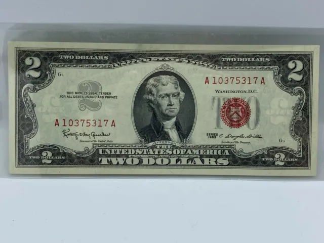 1963 $2 Two Dollar Bill Red Seal United States Note Crisp with Sharp Corners UNC