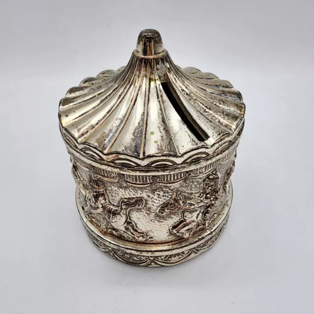 Vintage 1960s Silverplate Carousel Piggy Coin Bank Merry Go Round Horses Felt