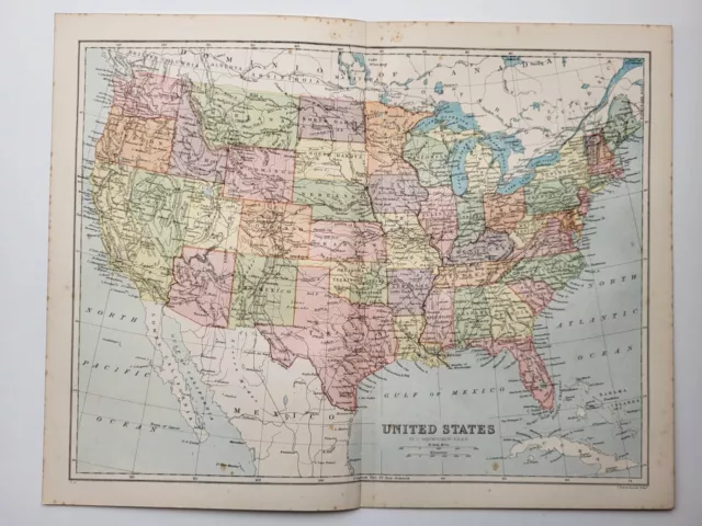 Old Vintage Antique Colour Print United States Map 1901