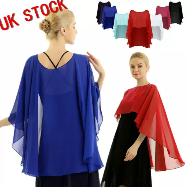 UK Women Chiffon Capes Wedding Bridal High Low Shawl Evening Dress Cover Up Wrap 2