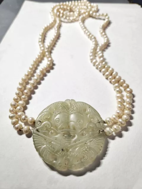 EARLY 19TH CENTURY Carved Nephite Jade & Double Strand Freshwater Pearl ...