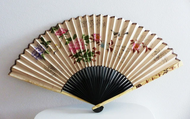 ABANICO JAPONÉS HUESO LACAS PINTURAS PAJAROS FLORES decoracion coleccion japon