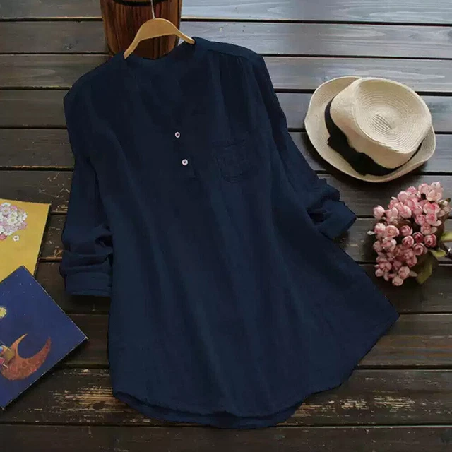 Womens V Neck Long Sleeve T-Shirt Tunic Tops Ladies Casual Cotton Linen Blouse