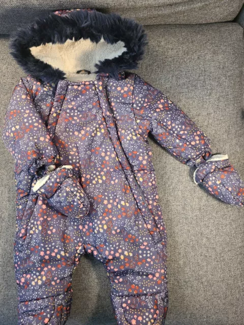 Baby Girls navy floral Snowsuit 0-3 Months hooded detachable mittens faux fur