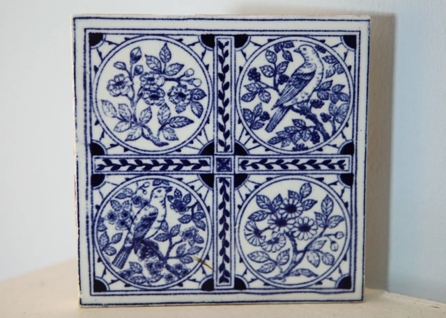 Vintage MINTON HOLLINS & CO BLUE and WHITE TILE -  Song Birds & Flowers - 2 of 6